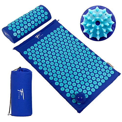 Kit de acupresión Fitem - Esterilla de acupresión + Cojín de acupresión + Bolsa + Bola de masaje - Alivia dolores de Espalda y Cuello - Ciática - Masaje de espalda - Relajación muscular