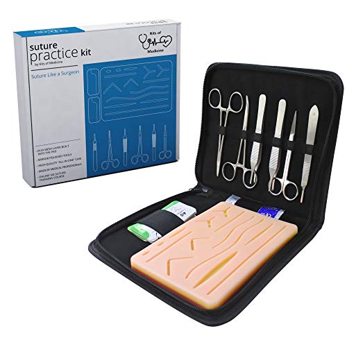 Kit de sutura | Videos de sutura GRATIS incluidos | Kit de sutura perfecto para practicar con 14 lesiones reales | Gran regalo | Almohadilla de sutura de silicona duradera | Tamaño Grande 17x12cm