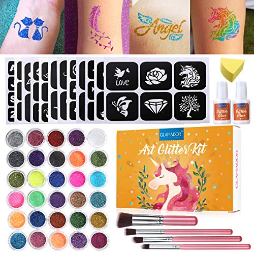 Kit de Tatuajes Temporales-GLAMADOR Brillo de Tatuaje 30 Colores, 145 Únicas Plantillas,4 Pinceles-Carnaval,Fiestas Cumpleaños,Eventos- Impermeable,No Tóxico,Regalo para Niños