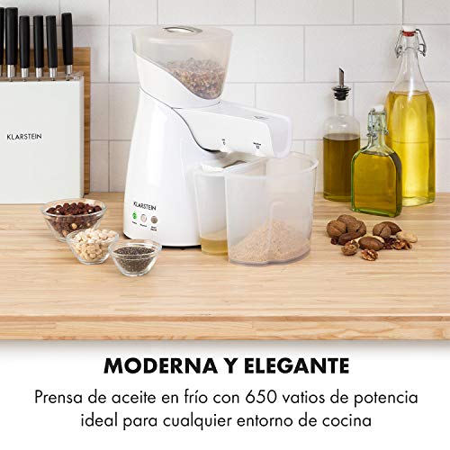 Klarstein Olivia Prensa de aceite en frío - 650 W de potencia, Fina separación de aceite y orujo, Embudo de 700 g de capacidad, 2 tornillos de prensado, Recipiente para aceite, Filtro, Blanco