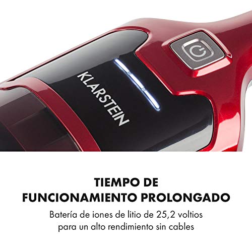 Klarstein TurboHybrid - Aspiradora por ciclón sin Bolsa, para Suelos y de Mano, con batería, Luces LED, 2 Niveles de Potencia, Ocupa Poco Espacio, Boquillas, Estación de Carga, Metálico-Rojo