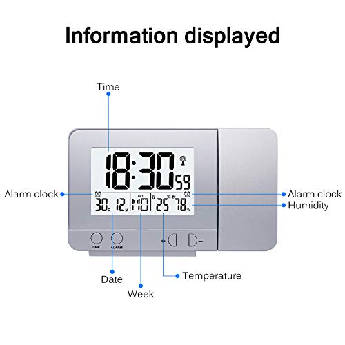 Konesky Reloj de proyección Digital, atenuador Reloj Despertador Hora Reloj Protector de Temperatura con función de repetición Reloj de Humedad Batería USB (Dimmer S)