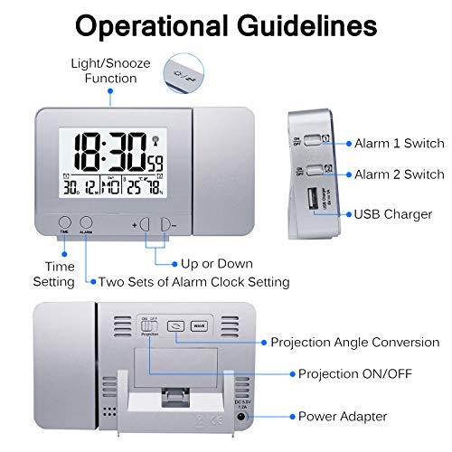 Konesky Reloj de proyección Digital, atenuador Reloj Despertador Hora Reloj Protector de Temperatura con función de repetición Reloj de Humedad Batería USB (Dimmer S)