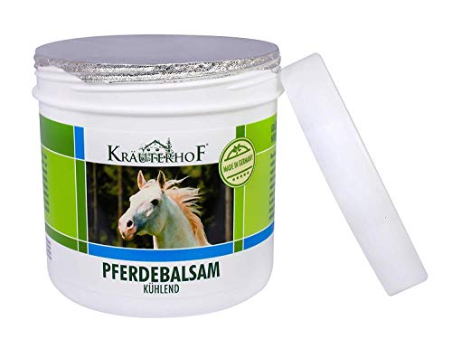 Kräuterhof- Bálsamo de caballo, enfría y revitaliza, extracto valioso de hierbas de castaño de Indias, árnica, romero y aceite de menta, bote sellado con lámina de aluminio