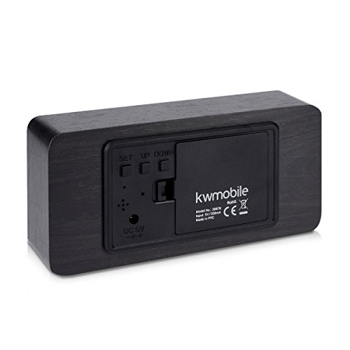 kwmobile Reloj Digital de Madera - Despertador con función de Hora Fecha Temperatura - Reloj Despertador con Cable USB en Negro con Leds Azules