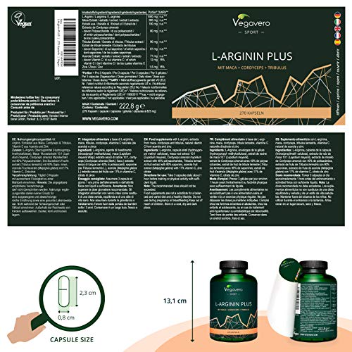 L-Arginina Plus Vegavero® | LA ÚNICA SIN ADITIVOS | Con Zinc + Tribulus Terrestris + Cordyceps Sinensis + Maca | 270 Cápsulas | Testosterona Hombre* + Vasodilatador + Masa Muscular | Pre Entreno