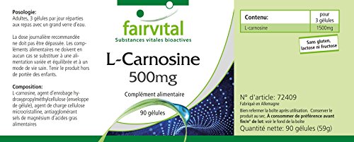 L-Carnosina 500mg - VEGANA - Dosis elevada - Aminoácido - 90 Cápsulas - Calidad Alemana