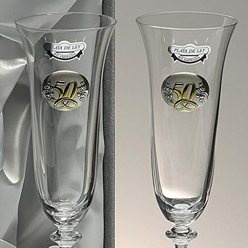 la galaica - Set de 2 Copas de Cristal de Champán Cava y Espumoso | Regalo para 50 y 25 Aniversario - Bodas de Oro y Plata | Incluye Aplique Bilaminado y Estuche de protección | Envío Rápido