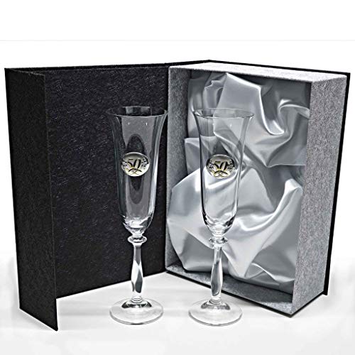 la galaica - Set de 2 Copas de Cristal de Champán Cava y Espumoso | Regalo para 50 y 25 Aniversario - Bodas de Oro y Plata | Incluye Aplique Bilaminado y Estuche de protección | Envío Rápido