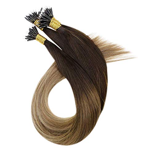 LaaVoo 16 Pulgadas el Marron mas Oscuro #2 a Marron Medio #6 y Rubio Ceniza #18 Nano Ring Bondings Natural de Extensiones de Pelo Remi con Mechas Cold Fusion Stick Tips 50 Gramos/Paquete