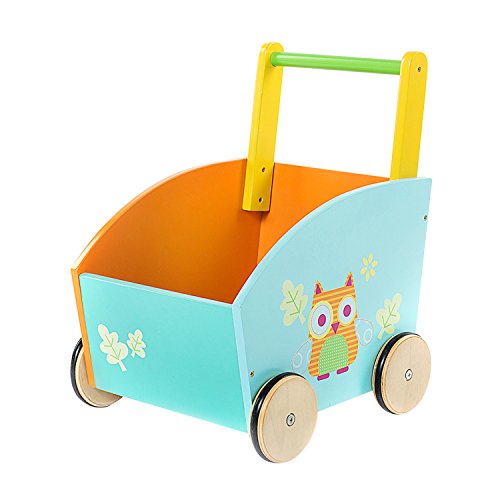 labebe - Andador Madera Para Bebe, Carrito Infantil Juguete, Juguete Carro Compra por 4 Ruedas, Andador Bebe Paso Primeros, Ligero Carrito por Niño 1-3 Años, Carro Juguete de Niña/Chico - Naranja Búho