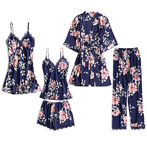 Lachi 2/5PCS Kimono Mujer Pijama Saten Conjunto de Bata Camisón Floral para Dormir Casa Ducha Noche Albornoces + Camisón+ Chaleco + Pantalones Cortos y Largo Satén Encaje Floral