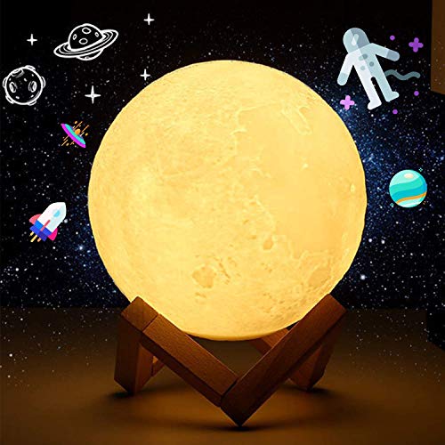 Lámpara de luna en 3D, 18 cm, recargable, grande, 16 luces LED, con soporte de madera, decoración de dormitorio, mesita de noche, idea de regalo para Navidad, cumpleaños