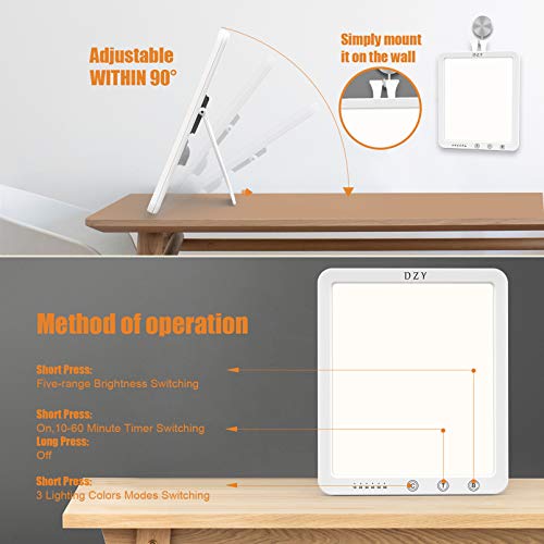 Lámpara de Terapia,DZY Sin UV 10000lux Lampara Luminoterapia,Tres niveles de temperatura de color, cinco niveles de intensidad de luz 6 temporizadores,Control táctilpara oficina en casa.