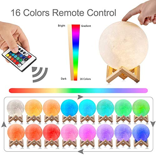 Lámpara Luna 3D Printing, 3D.Mr.Señor [Versión Última ]20CM16 Colores USB Cambio de 3D Lámpara de Control de Luz de Luna con Soporte de Madera para Dormitorio, Regalo de Fiesta