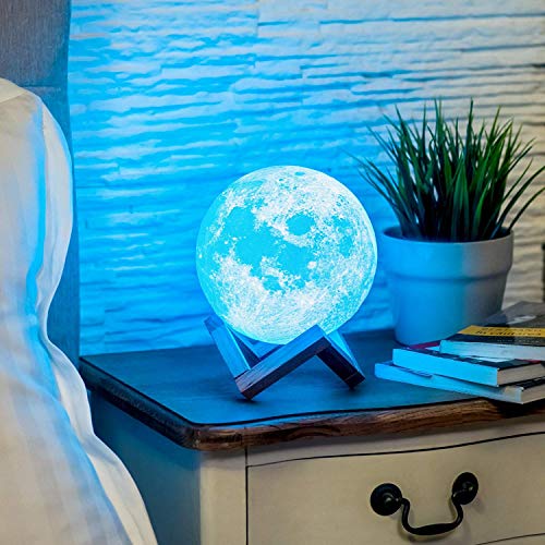 Lámpara Luna 3D Printing, 3D.Mr.Señor [Versión Última ]20CM16 Colores USB Cambio de 3D Lámpara de Control de Luz de Luna con Soporte de Madera para Dormitorio, Regalo de Fiesta