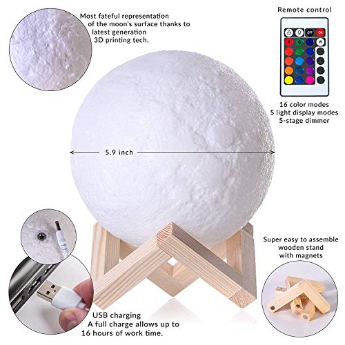 Lámpara Luna 3D Printing, 3D.Mr.Señor [Versión Última ]20CM16 Colores USB Cambio de 3D Lámpara de Control de Luz de Luna con Soporte de Madera para Dormitorio, Regalo de Fiesta