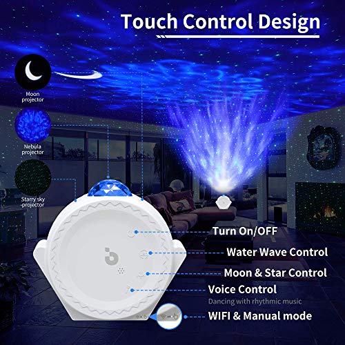 Lámpara Proyector Estrellas Bebe【WIFI inteligente】 Luz LED Nocturna con Agua Ola,LED Luna,Control Tactil o Por Voz Temporizador para Niños Adultos Halloween Acción Gracias Navidad Cumpleaños