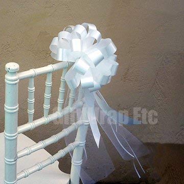 Lazos con cintas para tirar blancos con colas de tul para bodas - 20 cm (8 in) de ancho, Set de 6, Día de San Valentín, Pascua, Día del Padre, Navidad, Cumpleaños, Recepción, Día de San Esteban