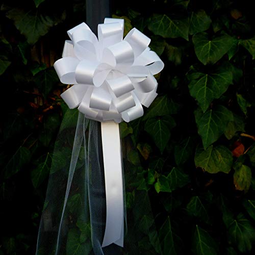 Lazos con cintas para tirar blancos con colas de tul para bodas - 20 cm (8 in) de ancho, Set de 6, Día de San Valentín, Pascua, Día del Padre, Navidad, Cumpleaños, Recepción, Día de San Esteban