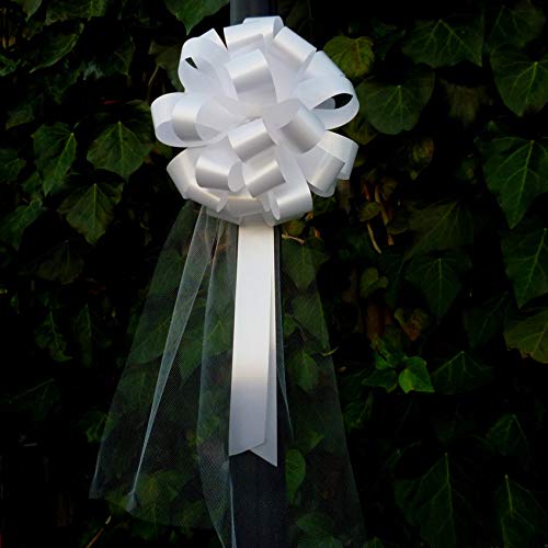 Lazos con cintas para tirar blancos con colas de tul para bodas - 20 cm (8 in) de ancho, Set de 6, Día de San Valentín, Pascua, Día del Padre, Navidad, Cumpleaños, Recepción, Día de San Esteban