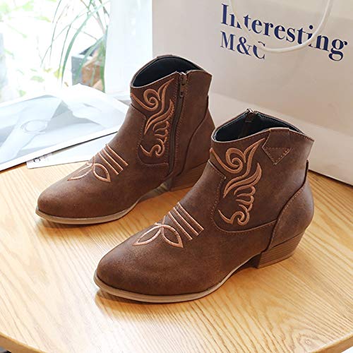 LCCYJ Botines Mujer Cuero Bajo Bloque Tacón Corto Botas Otoño Invierno Retro Punta Redonda Bordado Empalme Patrón Botas,Marrón,42