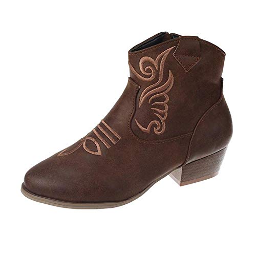 LCCYJ Botines Mujer Cuero Bajo Bloque Tacón Corto Botas Otoño Invierno Retro Punta Redonda Bordado Empalme Patrón Botas,Marrón,42