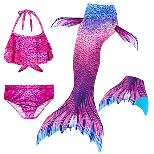 Le SSara 2018 New Muchachas Sirena Tails Bikini Traje de baño 4PCS Traje de baño con Aleta para Nadar Cosplay (150, GB07-Blue)