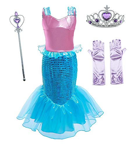 Le SSara Vestido de Fiesta de Lentejuelas de Disfraces de Princesa Ariel para Niñas con Accesorios para Niños (150(9-10 años), D76+Pur1)