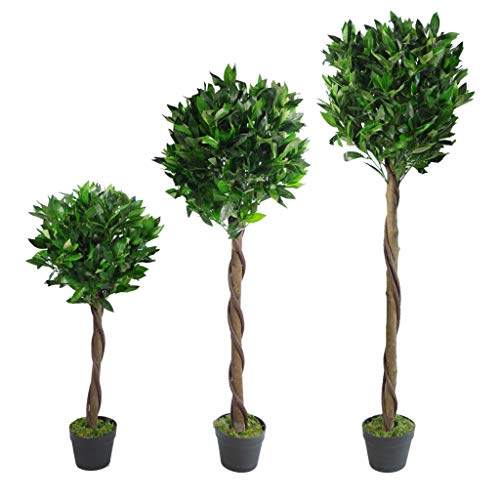 Leaf Árbol de Laurel Artificial Estilo Bola Trenzado o Liso en Maceta de plástico Negro, 90 cm, Large