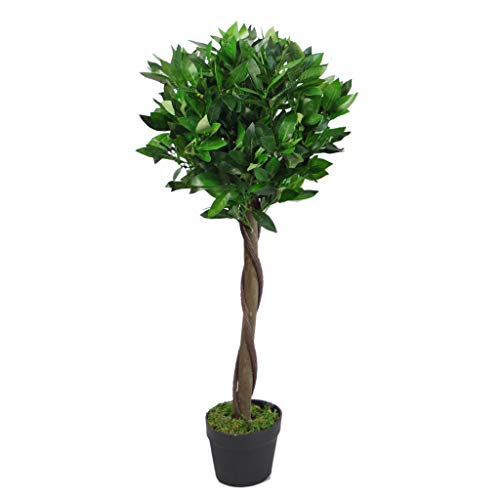 Leaf Árbol de Laurel Artificial Estilo Bola Trenzado o Liso en Maceta de plástico Negro, 90 cm, Large