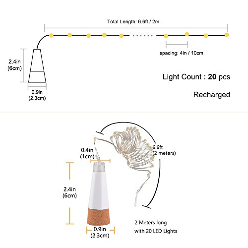 LED Corcho Botella Luces, USB Con Recargable, 1,9 m 20 LED, Cobre Alambre Cadena Estrellado LED Luces para DIY, Casa Cocina, Boda, Halloween, Navidad, Partido Decoración (Blanco Cálido, 3 Piezas)