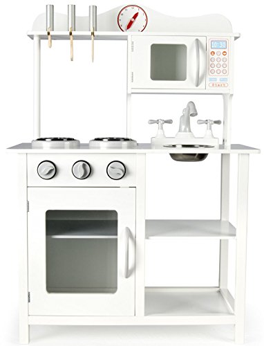 Leomark Cocina Madera Infantil de Juguete - Classic White - Accesorios: reloj, microondas, verduras, frutas, Para Niños, Estilo Escandinavo, Dim: 60x30x85 (altura) cm