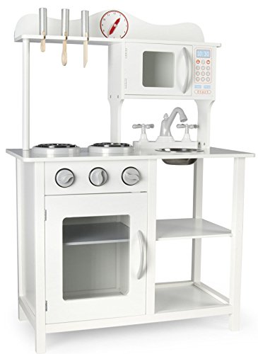 Leomark Cocina Madera Infantil de Juguete - Classic White - Accesorios: reloj, microondas, verduras, frutas, Para Niños, Estilo Escandinavo, Dim: 60x30x85 (altura) cm