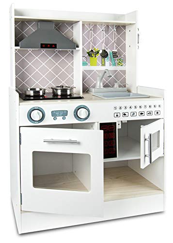 Leomark FUNCTION Electric Kitchen Cocina Madera Infantil De Juguete - color BLANCO - Accesorios, para Niños, Cocinita con teléfono, Efectos de Sonido de iluminación Dim: 65x32x93 (altura) cm