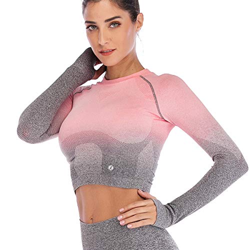 Leoyee Seamless Gradient Gym Medias Camisa Deportiva Yoga Top para Mujeres Running Camiseta de Entrenamiento Top de Manga Larga (Rosa/Grigio Chiaro, Small)