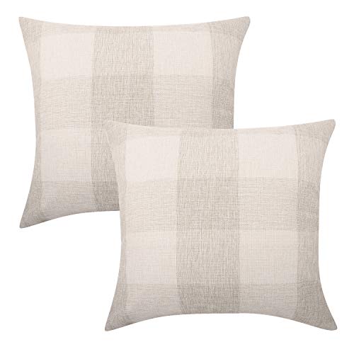 Lewondr Enrejado Funda de Almohada de Lino,2 Pack 45 * 45 cm Funda de Cojín Cuadrado Moderna de Enrejado Protectora de Almohada para Sofá Cama Decoración del Hogar,Coche，Beige