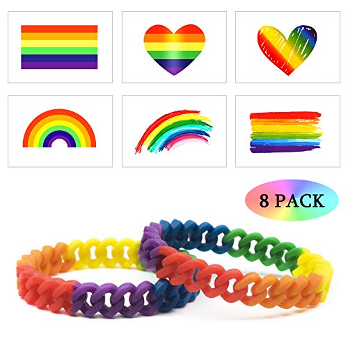 LGBT Pulsera 8 Pack - 2X Arco Iris Silicona Brazalete Orgullo Gay LGTBI Joyería con 6X Lovewins Tatuajes Temporales para Mujer Hombre Desfile del Mes del Orgullo Gay