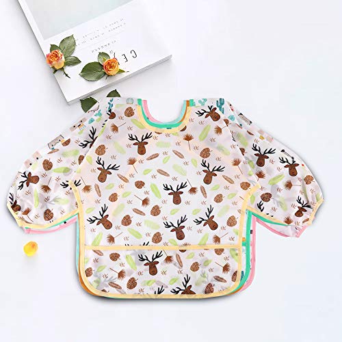 Lictin Baberos Bebe Impermeables- 5 Pcs Baberos Bebe con Mangas con Escote Ajustable, Baberos Bebe Impermeables con Mangas para Bebes de 0-24 Meses