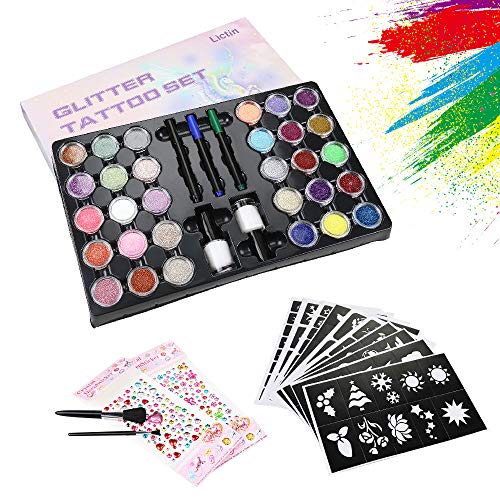 Lictin Kit de Tatuajes Temporales Niñas con Brillantina-Tatuajes Purpurina con 30 Colores,10 Plantillas de Tatuaje Temporales.3 Bolígrafos para Tatuajes,Impermeable y No Tóxico para el cuepo