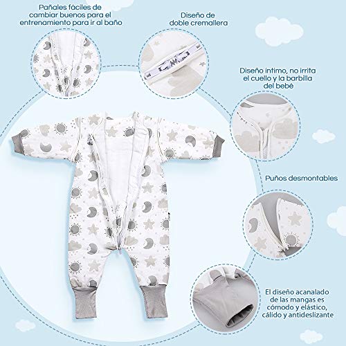 Lictin Saco de Dormir para Bebés- Saco de Dormir Algodón Bebe Niños con Mangas Extraíbles, Saco de Dormir Bebé Invierno de Material Algodón Argánico para 1-3 Años de 75-95 cm