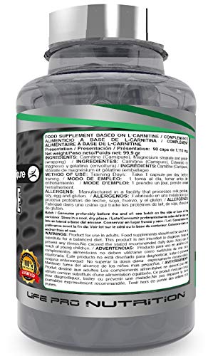 Life Pro Carnitine 1000 Carnipure para contribuir a perder peso – Quemagrasas para ayudar a definir la musculatura y aportar energía – Termogénico para acelerar el metabolismo – 90 cápsulas