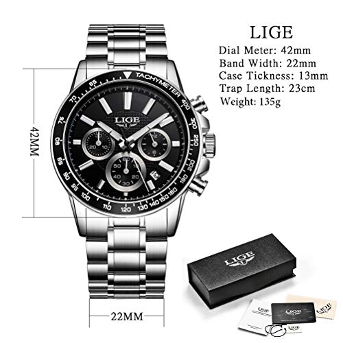 LIGE Men's Watch Stainless Steel Chronograph Waterproof Design Wristwatches Big Dial Elegant Classic Sports Analog Date