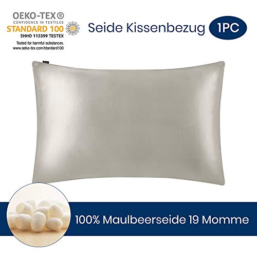 LilySilk Funda de Almohada de 100% Seda de Mora Natural 19 Momme 1 Unidad con Caja de Regalo - con Tacto Muy Suave y Super Transpirabilidad - Prevención de la Caída de Cabello 40x80cm Gris Plata