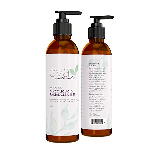 Limpiador Anti-Edad de Ácido Glicólico Eva Naturals (6 oz) -Tratamiento de Acné y Exfoliante, Reduce Arrugas y Mejora la Humectación y Brillo en Rostro - Con Ácido Alfa Hidróxido, Aloe y Vitamina E