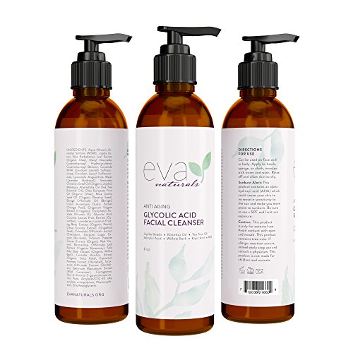 Limpiador Anti-Edad de Ácido Glicólico Eva Naturals (6 oz) -Tratamiento de Acné y Exfoliante, Reduce Arrugas y Mejora la Humectación y Brillo en Rostro - Con Ácido Alfa Hidróxido, Aloe y Vitamina E