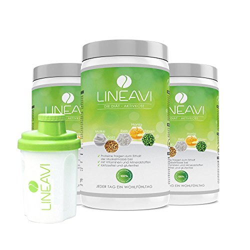 LINEAVI Alimento Dietético Activo, batido de proteína para adelgazar, mezcla de proteínas de soja, guisante, arroz y suero de leche, sin lactosa ni gluten, hecho en Alemania, 3x500g, shaker incl.