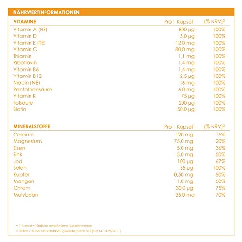 LINEAVI Multivitaminas, concentrado de 23 vitaminas y minerales de la A a la Z, contribuye a la función del sistema inmunitario, fabricado en Alemania, 120 cápsulas veganas (para 4 meses)