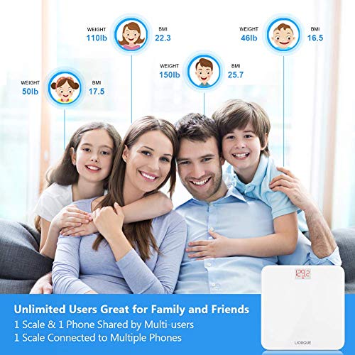 LIORQUE Báscula de Baño Digital Báscula Inteligente con APP Compatible con Smartphone Andriod y iOS, Tecnología Step-On, Alta Precisión, 0,2-180kg - Blanco