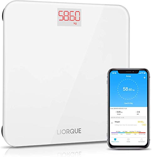 LIORQUE Báscula de Baño Digital Báscula Inteligente con APP Compatible con Smartphone Andriod y iOS, Tecnología Step-On, Alta Precisión, 0,2-180kg - Blanco